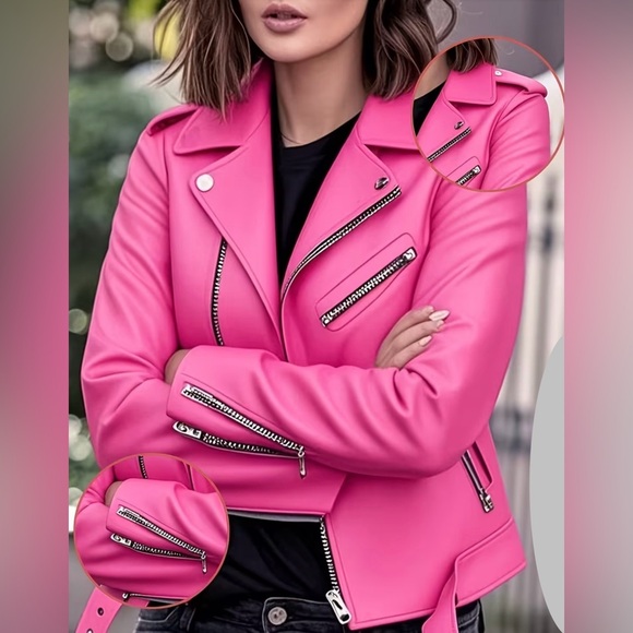 Women's Pink Moto Jacket - Stylish Biker Coat - Picture 3 of 6